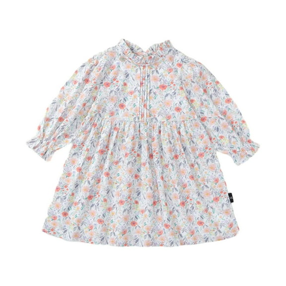 Odeerbi Toddler Girls Spring Fall Floral Dress Cotton Dress Long Sleeve Dresses Children's Bubble Sleeve Princess Dresses 2-7 Years White