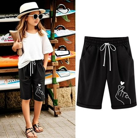 Girls Shorts Summer Beach Heart Print Shorts with Pockets Drawstring Girls Heart Print Beach Shorts Size 3-4Y