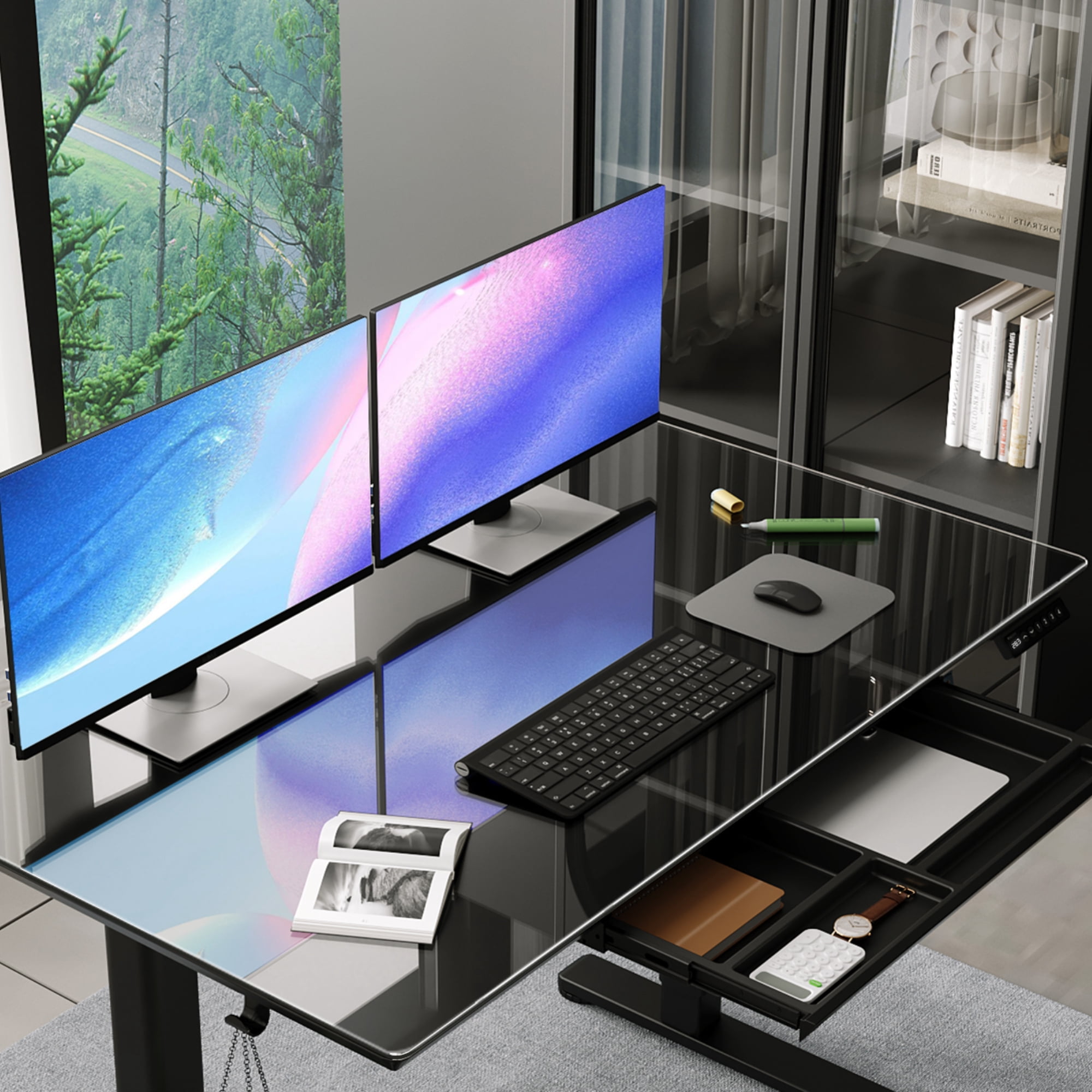 INNOVAR Glass Standing Desk with 1 Drawer, 48 × 24 inch Adjustable Stand up Office Desk, Electric Writable Glass Top Home Study Sit to Stand Computer Desk, Black