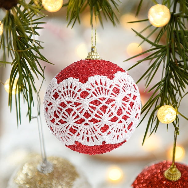Adorno para árbol de Navidad | Bola de espuma de encaje con colgante de polvo | 8 cm, rosa, rojo, azul y dorado, decoración navideña para coronas y guirnaldas