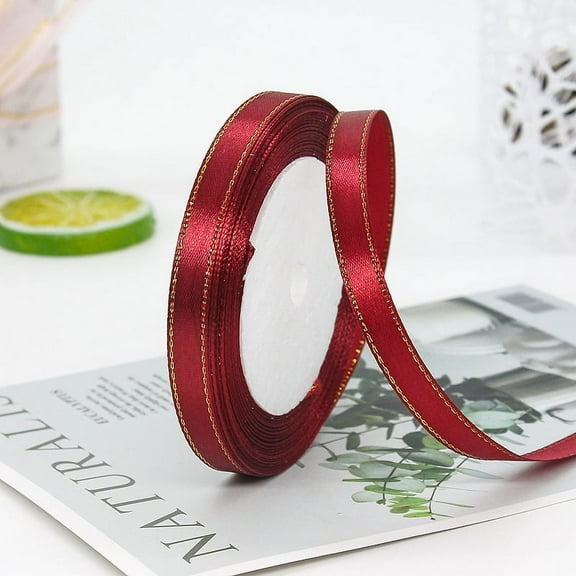 Red Satin Ribbon with Gold Edge, 3/8” Polyester Continuous Ribbon -25 Yards,Wide Ribbon for Gift Wrapping,Wedding,Bows Bouquet,Floral Arrangement and Craft