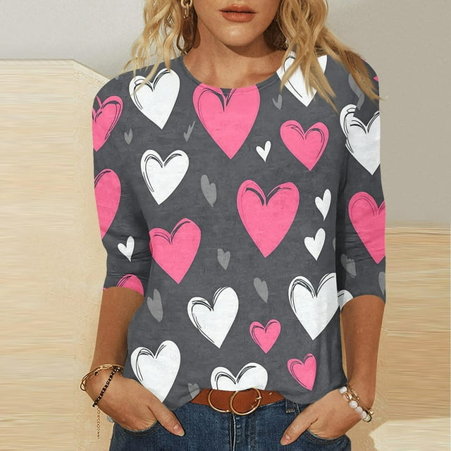 RKSTN Valentines Gifts 3/4 Length Sleeve Womens Tops Oversized Crewneck Valentine's Day Graphic Printed Short Sleeve T Shirt Womens Casual Round Neck Loves Heart Print Three Quarter Sleeve Shirts