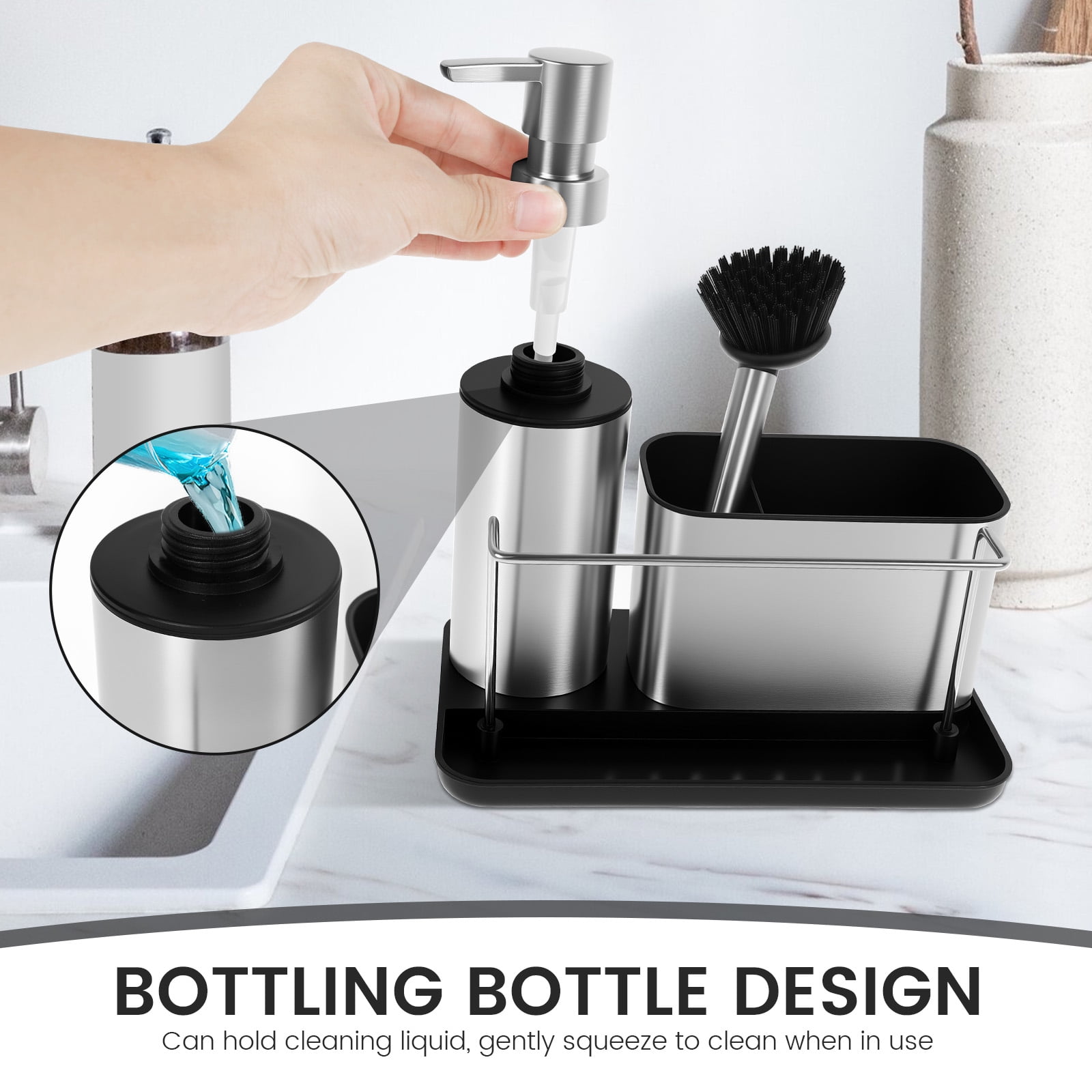 Kitchen Detergent Dispenser Stainless Steel Set with Brush Soap Dispenser and Sponge Holder Divided Storage Design for Galley