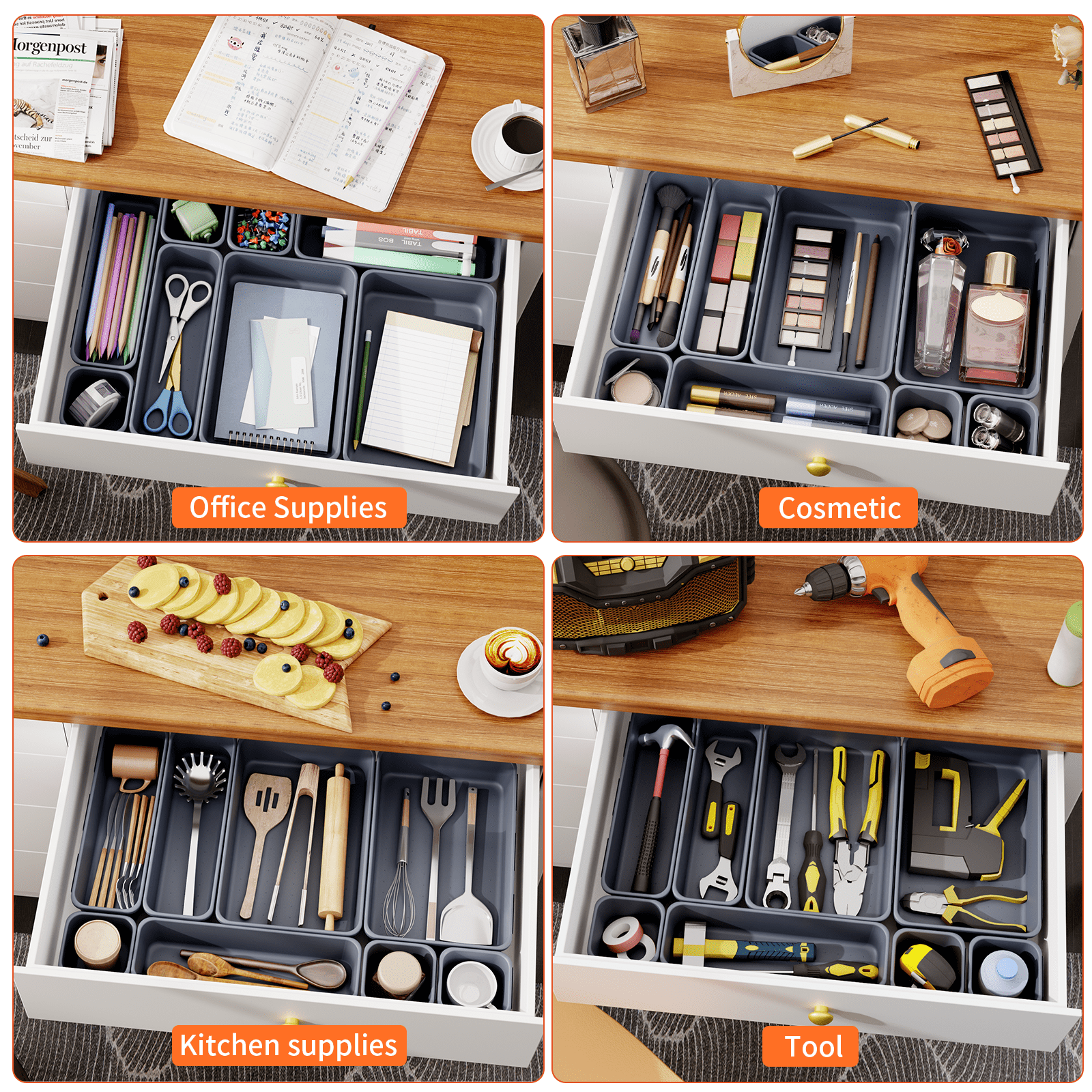 HAIDAIYA 45 Pack Plastic Drawer Organizer Trays, 3-Sizes Vanity and Desk Storage Bins, tool box Organizers for Makeup, Jewelry, Gadgets, Utensils, Grey