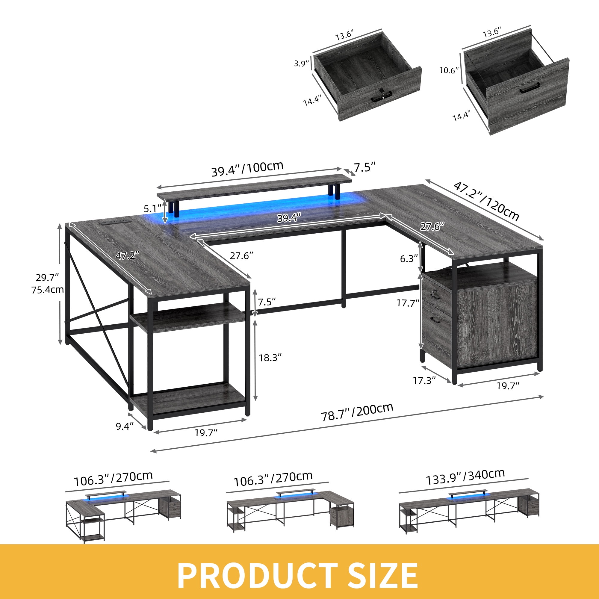 Uforic U Shaped Computer Desk with Power Outlets and LED Lights, Reversible L Shape Desk for Home Office, Gray