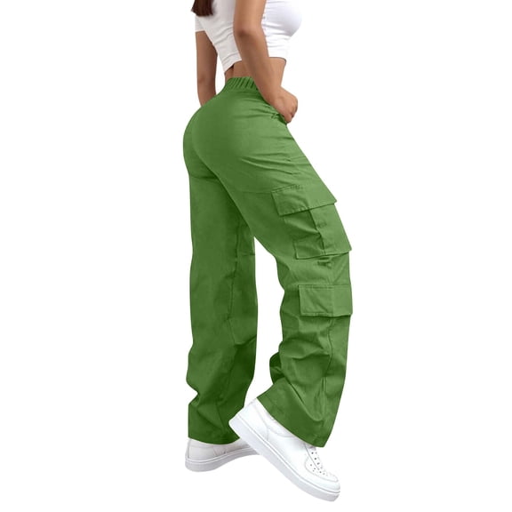 Women's High Waisted Cargo Pants Y2K Streetwear Baggy Stretchy Pants with 6 Pockets Green L