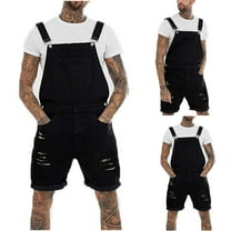 Mens Bib Overall Casual Fashion Solid Breast Pocket Ripped Denim Shorts Straight Type Overalls