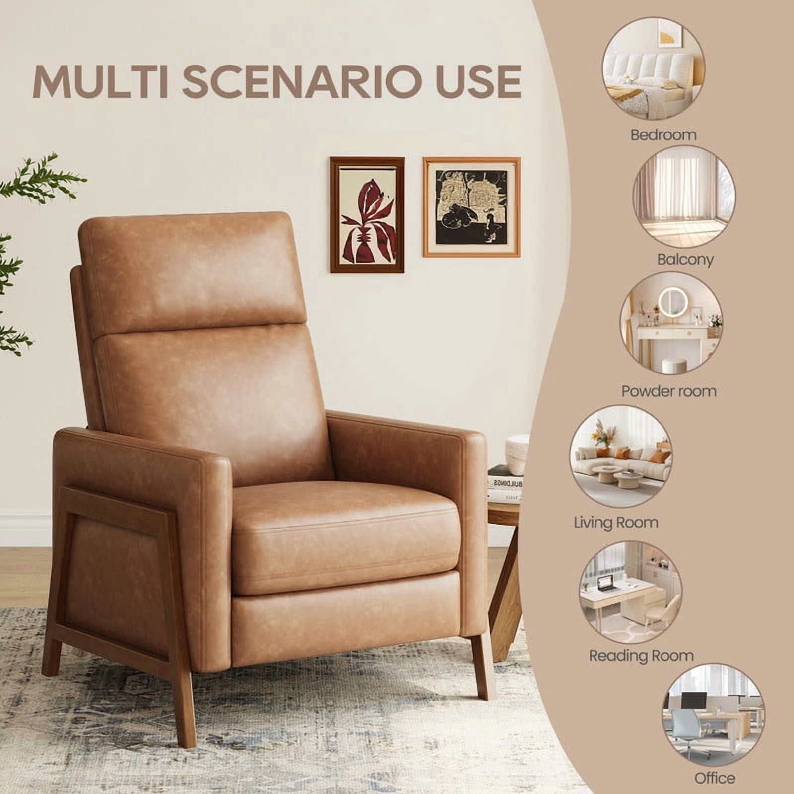 COLAMY Push Back Recliner Chair, Cocoa Manual Leather Recliner Accent Chair, Modern High Back Armchair with Padded Headrest and Solid Wood Frame for Bedroom, Nursery Chair
