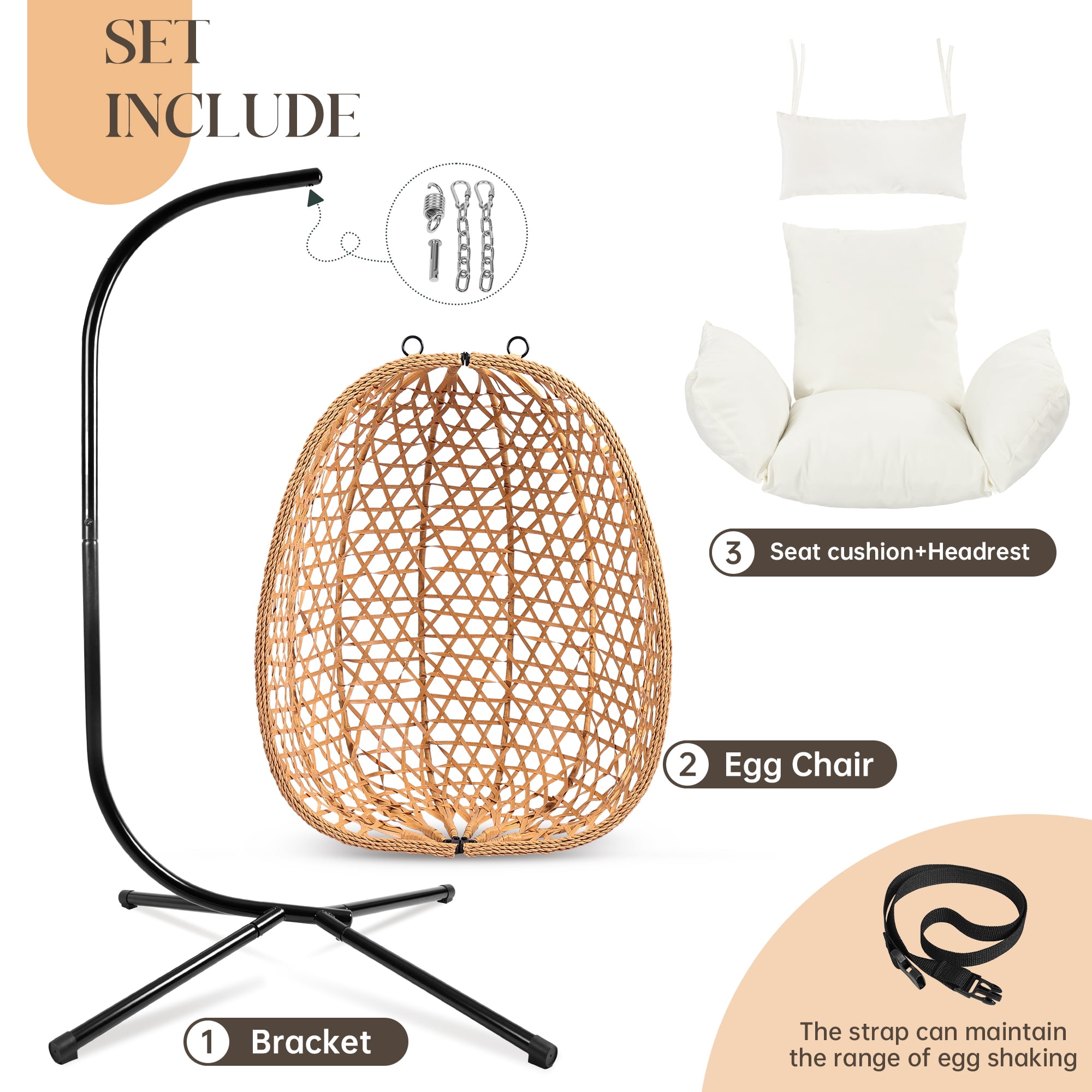 Egg Chair with Stand, Patio Wicker LHBcraft Hanging Chair, Hammock Swing Chair, 350LBS Capacity for Bedroom, Balcony, Garden