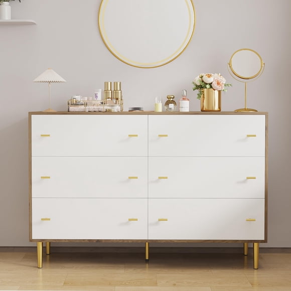 Farmhouse 6 Drawer Dresser for Bedroom, 47.2" Wide Rustic Chest with Large Storage & Bar Handles – Pine Wood + White Drawer Fronts / Antique White