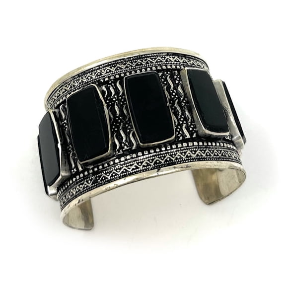 Duel On Jewel Oxidized Gold-Tone Tribal Handmade Women’s Cuff Bracelet, 1.6-Inch Wide with Intricate Engraved Floral Patterns and Bold Black Acrylic Stones, Vintage Bohemian Statement Jewelry
