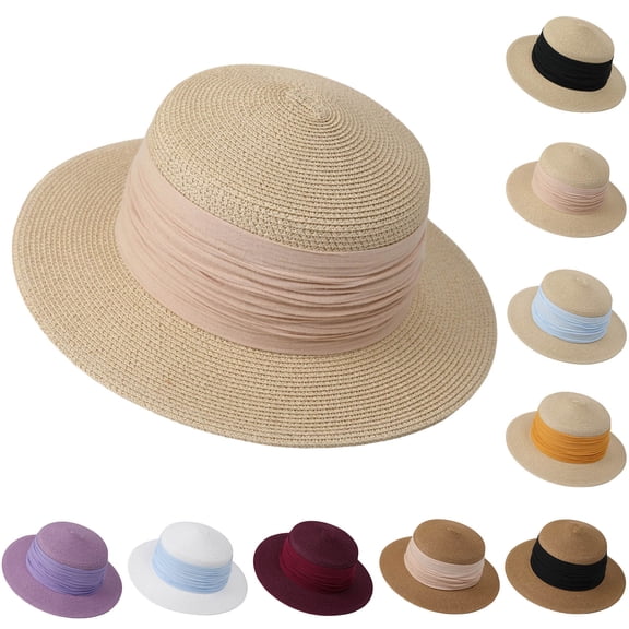 Cutuoiiu Hat for Women Flat Top Straw Sun Hat Pleated Fabric Band Wide Brim Adjustable Summer Vacation Hat for Beach Travel Outdoor