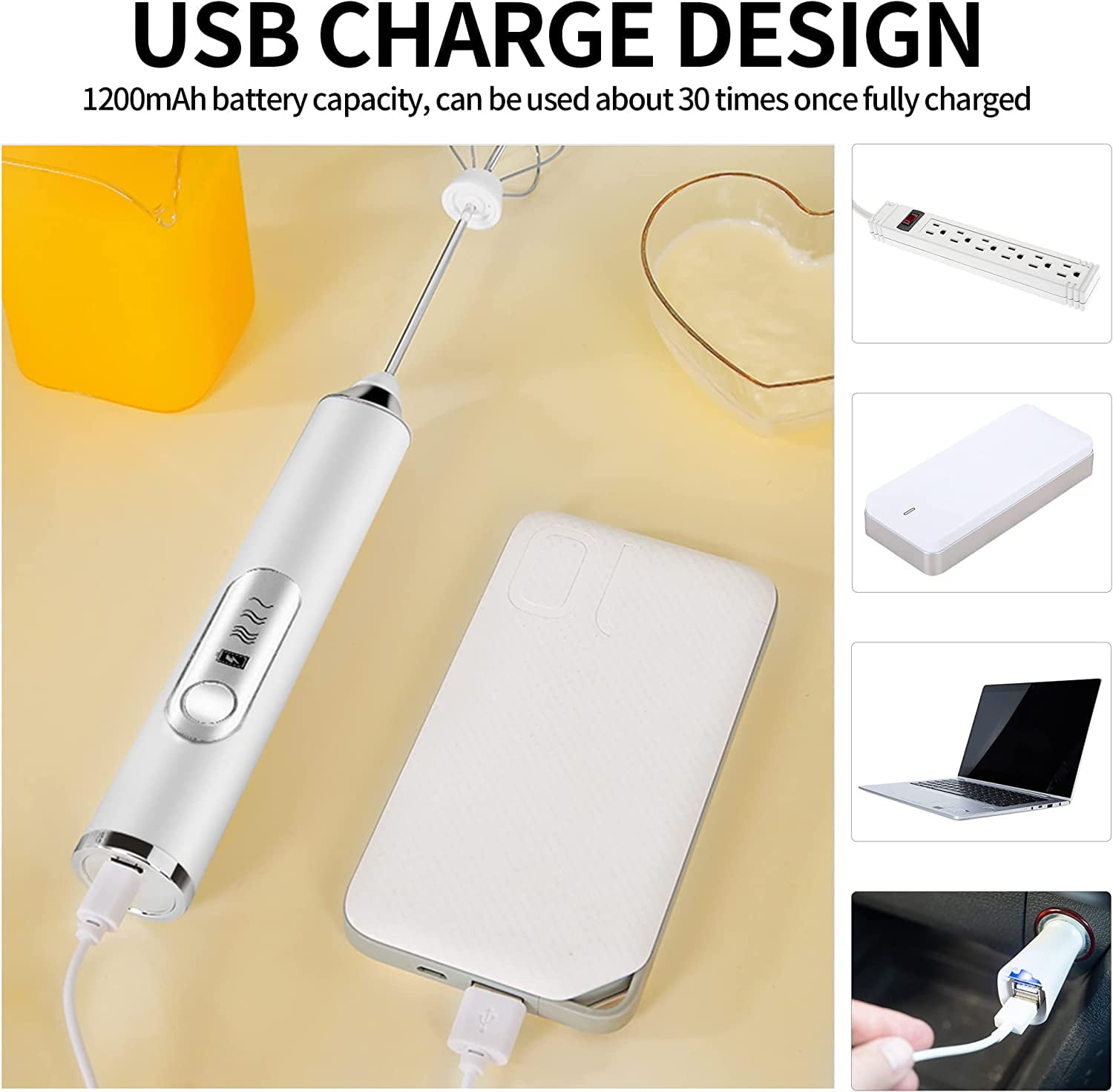 BN-LINK Handheld Milk Frother USB Rechargeable, with 2 Heads Coffee Whisk Foam Mixer, 3 Speeds Electric Mini Blender for Latte, Cappuccino, Hot Chocolate, Egg