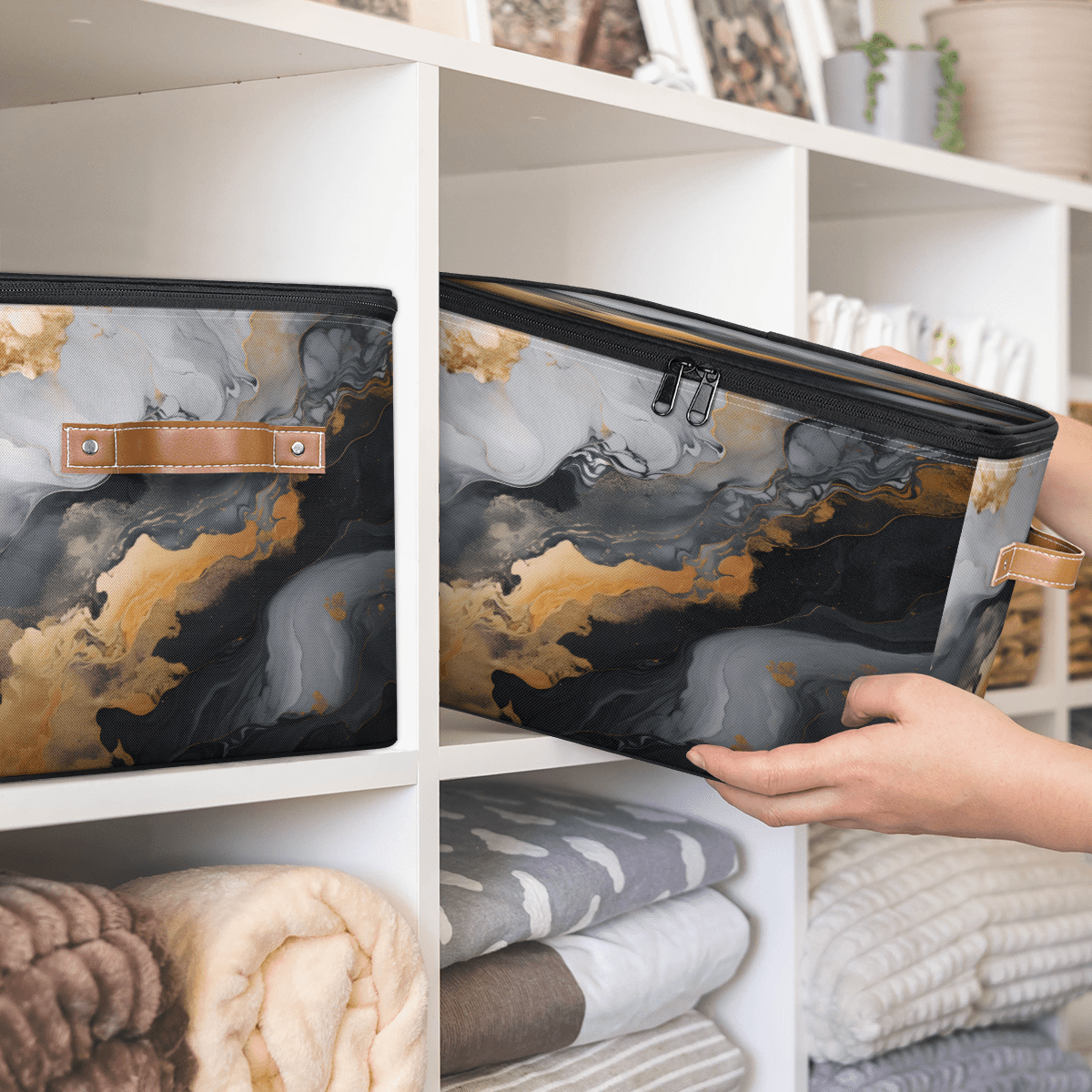 ADECORIVY Marble Design Storage Bin with Zipper Lid, Fabric Storage Baskets Boxes with Handles, Decorative Clothes Organizer Containers for Shelves, Wardrobe, Closet