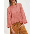 thumbnail image 3 of Womens Cable Knit Cropped Sweaters Oversized 3/4 Sleeve Crew Neck Fall Casual Pullover Tops Watermelon Red S, 3 of 5