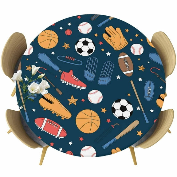 Sports Theme Table Cloth, Round Fitted Tablecloths with Elastic Edge, Cartoon Soccer Baseball Basketball Star Blue Wipeable Waterproof Table Cover for Kitchen Wedding 36-44 Inches