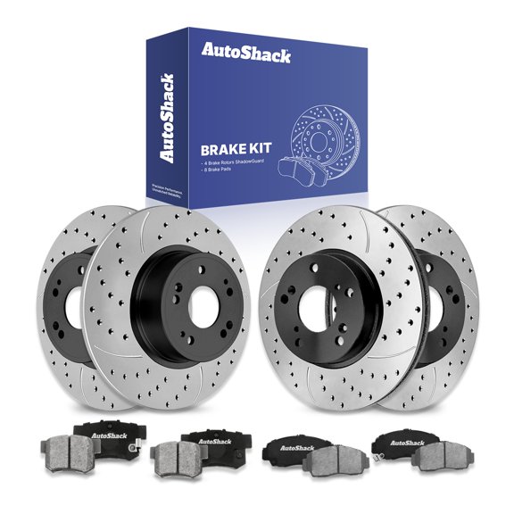 AutoShack Front & Rear Brake Rotors & Ceramic Pads for Honda, Accord 2005-2007, FWD V6 3.0L - E-Coated Drilled & Slotted - ShadowGuard