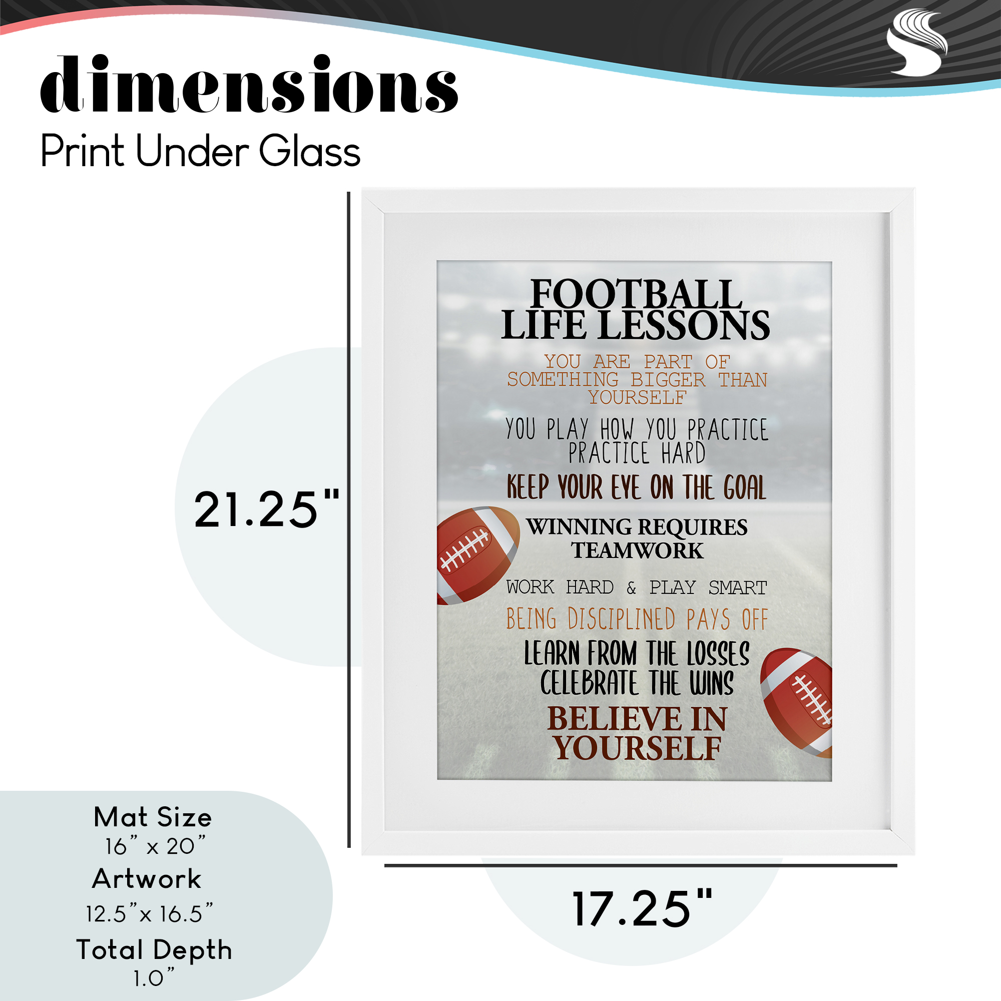 Football Life Lessons White Framed Print Under Glass, design by Kim Allen