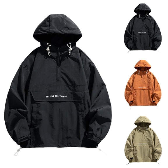 Men's Letter Print Quarter-Zip Hooded Jacket, Casual Regular Fit Long Sleeve Lightweight Outerwear for Spring & Fall, Daily Fashion Top,Black,L