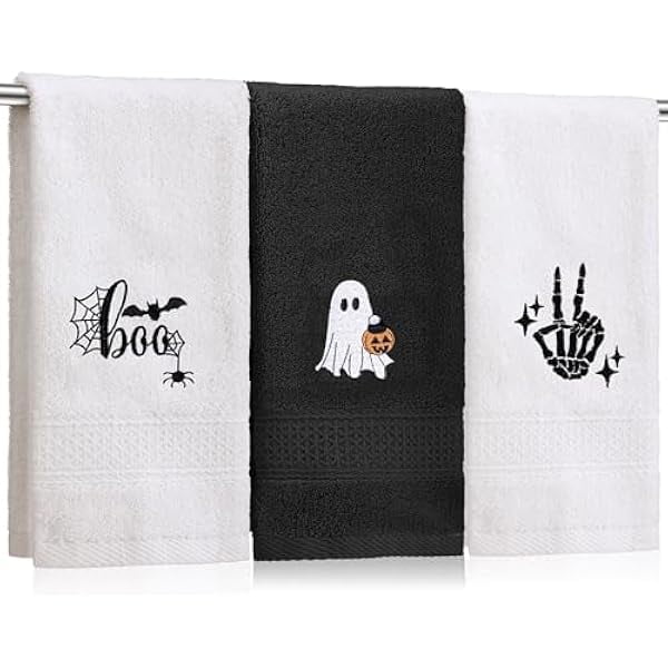 wonima01 3 Pcs Halloween Hand Towels for Bathroom, Boo Ghost Black White Embroidered Towels Farmhouse Decorative 13.78 x 29.53 Inch Absorbent Soft Cotton for Kitchen Dish Fast Drying Gift