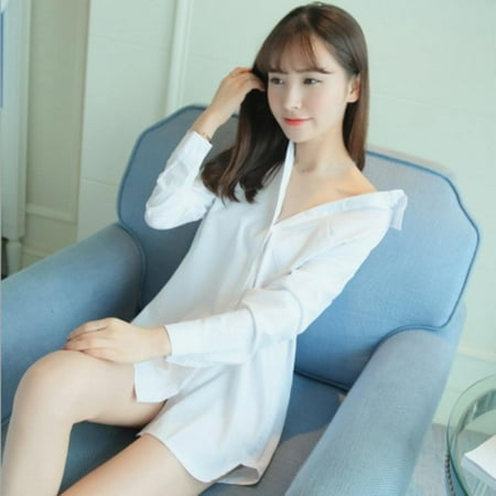 

Wisremt Ladies Sexy Cotton Night Dress Long Sleeve Nighties V-neck Nightgown Casual Nightdress Solid Sleepwear Nightwear For Women White XL