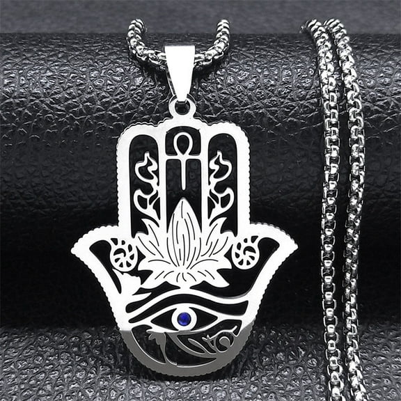 Hamsa Hand Ankh Lotus Necklace for Women Men 14K White Gold Silver Color Egypt Eye of Horus Necklaces Jewelry