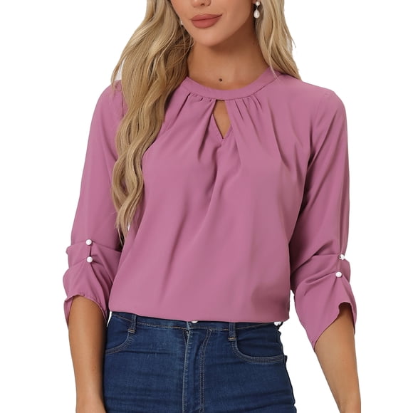 CURVOSPORT Camisa Elegante para Mujeres, Top de Oficina con Abertura Clave, Frente Plisado, Manga 3/4, Blusa de Chifón L Púrpura Ciruela