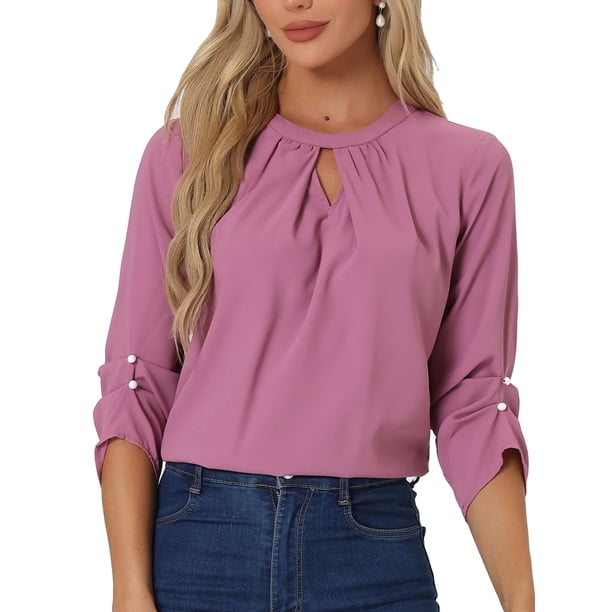 CURVOSPORT Camisa Elegante para Mujeres, Top de Oficina con Abertura Clave, Frente Plisado, Manga 3/4, Blusa de Chifón L Púrpura Ciruela