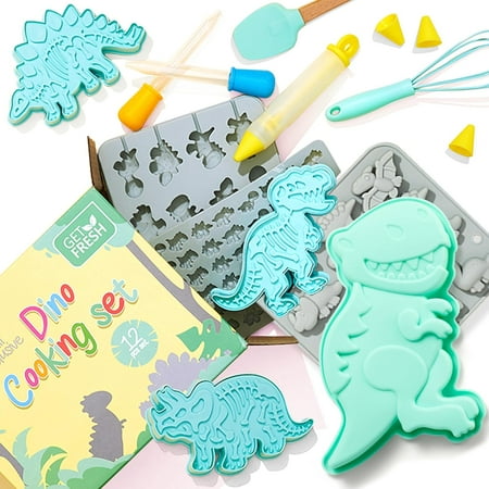 Dinosaur Baking Cooking Tool Set for Kids – 12-PCS Dino Silicone Bakeware Moulds for Kids Baking Candy Jelly Gummy Making and 3 Dinosaur Fossil Cookie Cutter Stampers – Dino Cake Candy Molds