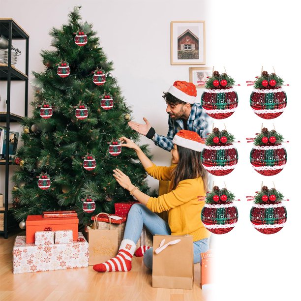 Bolsa de tela navideña a cuadros rojos de 6 cm, adornos colgantes para árbol de Navidad, adornos navideños de espuma.