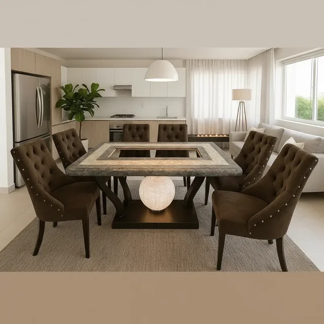 Comedor Moderno 6 Sillas Tapizadas + Mesa Mármol con Detalle Iluminado Elegante