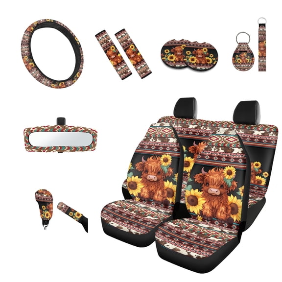 Jeiento Highland Cow 14 PCS Car Seat Cover Full Set, with Steering Wheel Cover Seat Belt Strap Cover Southwest Aztec Rearview Mirror Cover Handbrake Cover Set Coasters Keychains Universal Fit