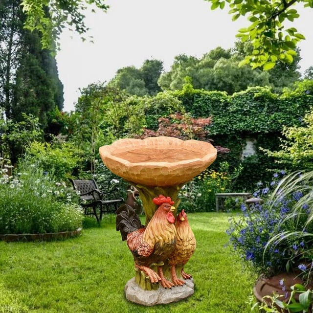 Cuenco de baño para pájaros de jardín, estatua de gallo, adorno, alimentador de resina para patio, escultura de pollo para exteriores, inauguración de