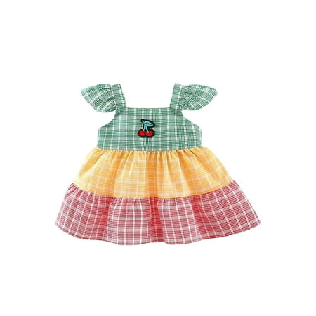 

One opening Baby Girl A-line Dress Fly Sleeve Square Neck Contrast Color Plaid Embroidery Cherry Dress