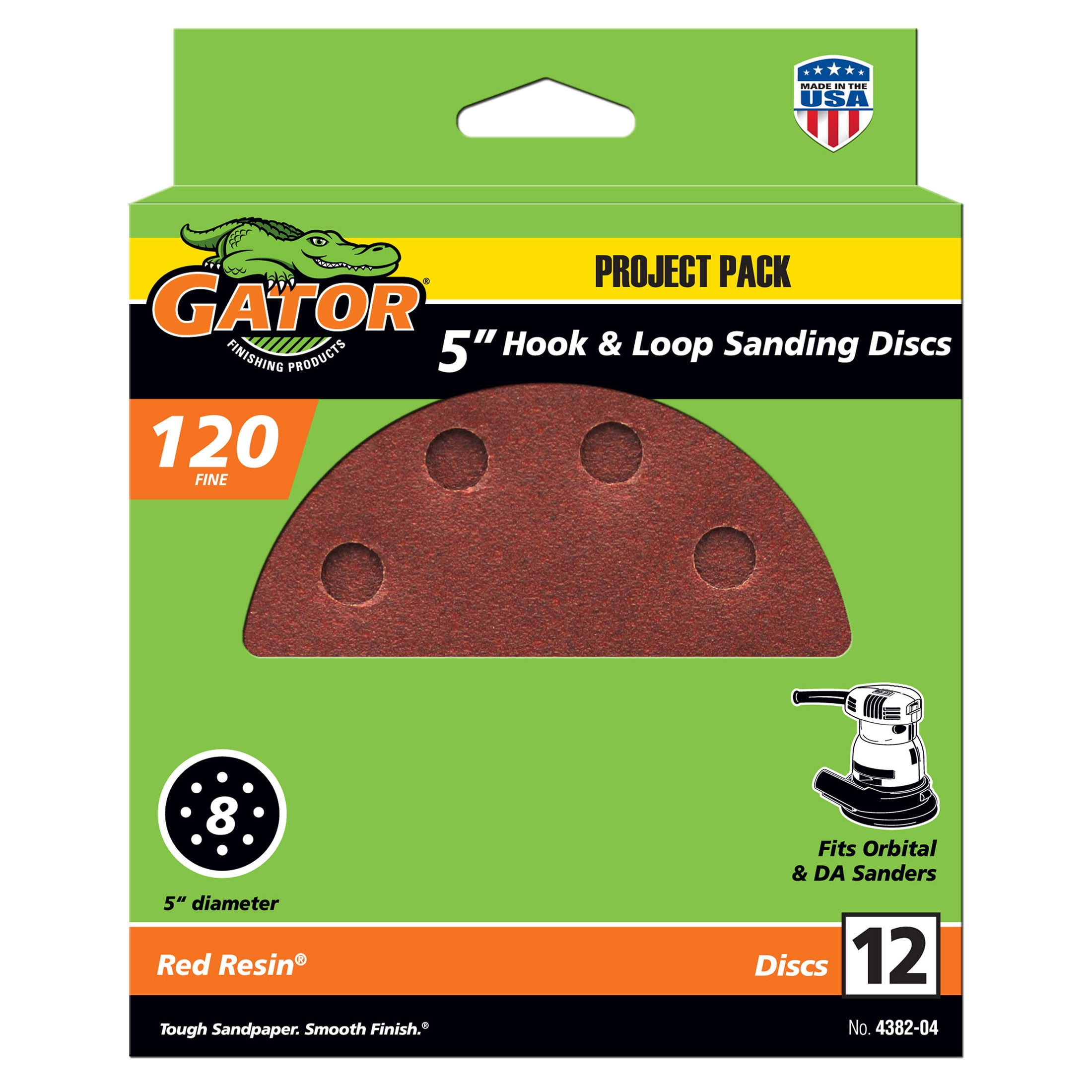 Gator 5-Inch 8-Hole Red Resin Aluminum Oxide Multi-Surface Hook and Loop Sanding Discs, 120 Grit, 12-Pack, 4382-04