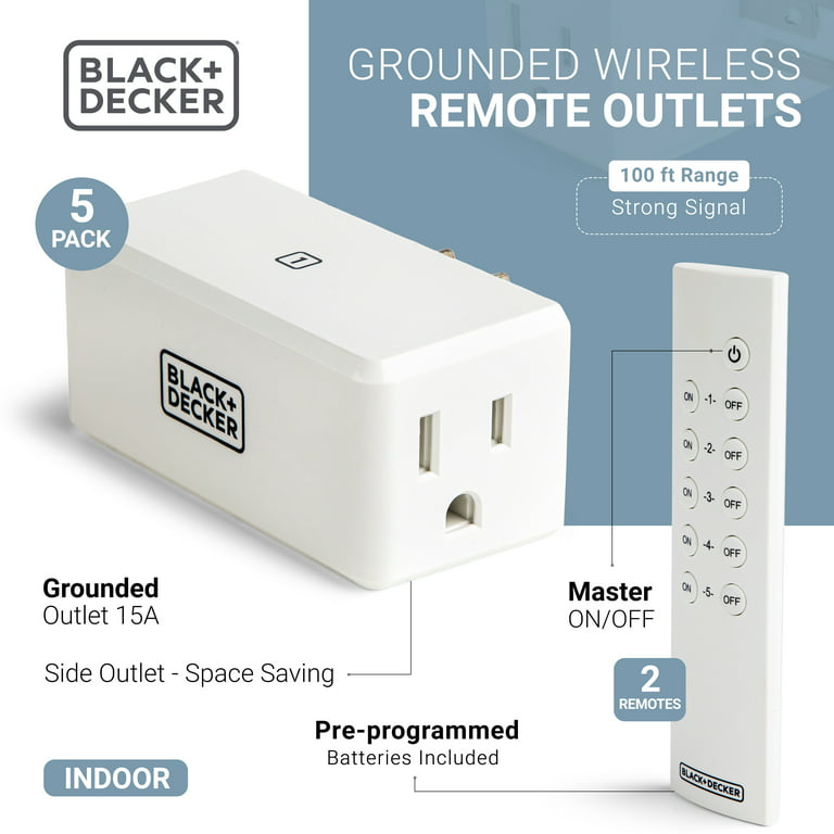 Black+decker Wireless Remote-Control Outlet, Pack of 5 Outlets, 2 Remotes - Premium Light Switches