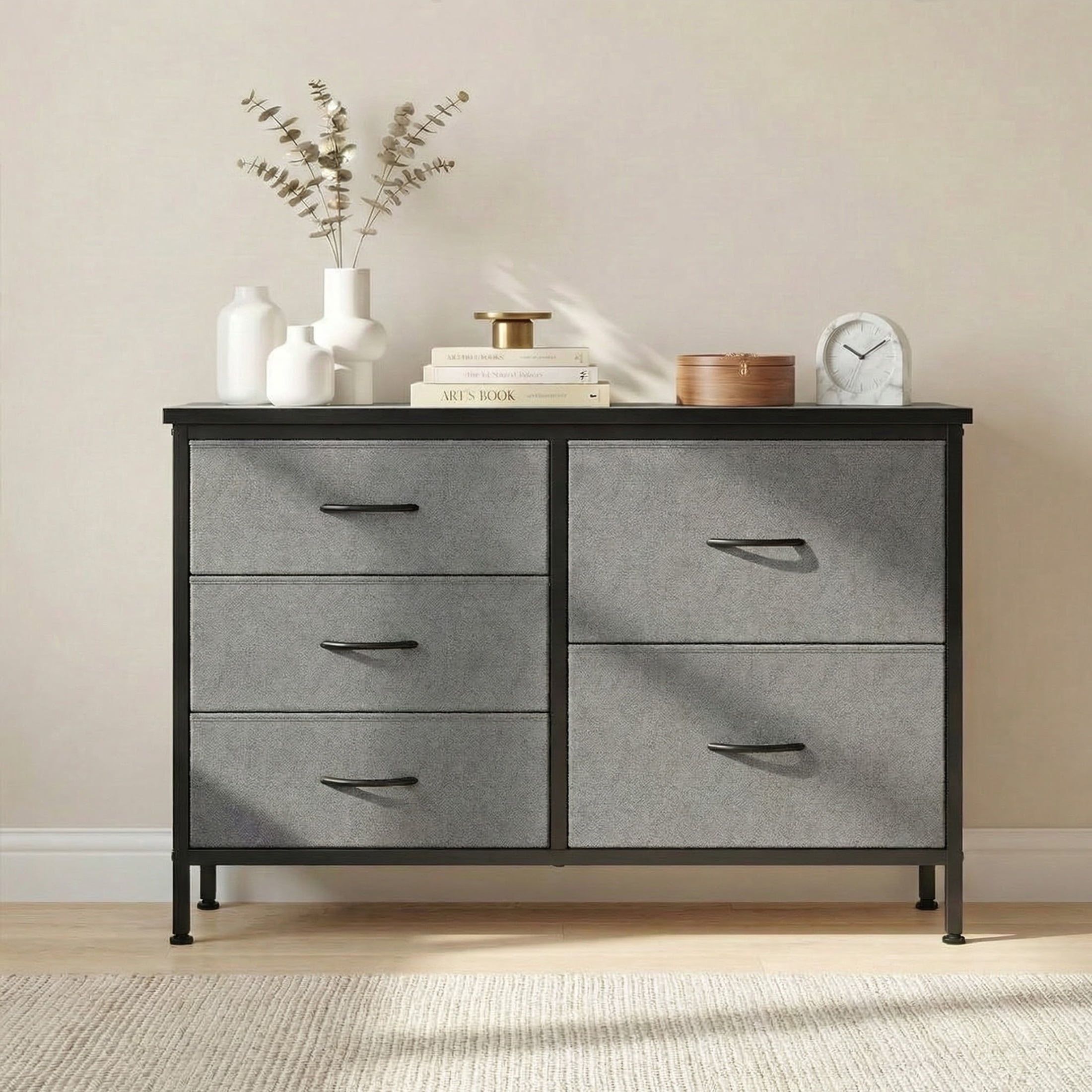 edx 5 Drawer Dresser for Bedroom, 39.4" Fabric Chest of Drawers with Wooden Top Metal Frame, Storage Organizer for Closet, Hallway & Living Room, Gray
