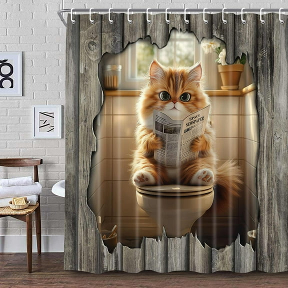 Funny Cat Shower Curtain, Rustic Wooden Animal Cute Cat Reading Newspaper on Toilet Bath Curtains Set, Humor Western West Farmhouse Fabric Bathroom Polyester Curtains with Hooks 47X64in
