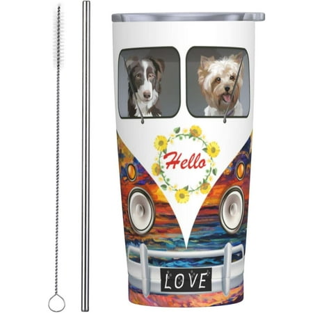 

20oz Tumbler Cups With Lid Steel Straw And Brush Mug - Stainless Steel Vacuum Insulated Water Coffee Thermal Cup Mugs Cute Dog Puppy Drive A Car Sunflower Flowers Floral Print Gifts For Women Men