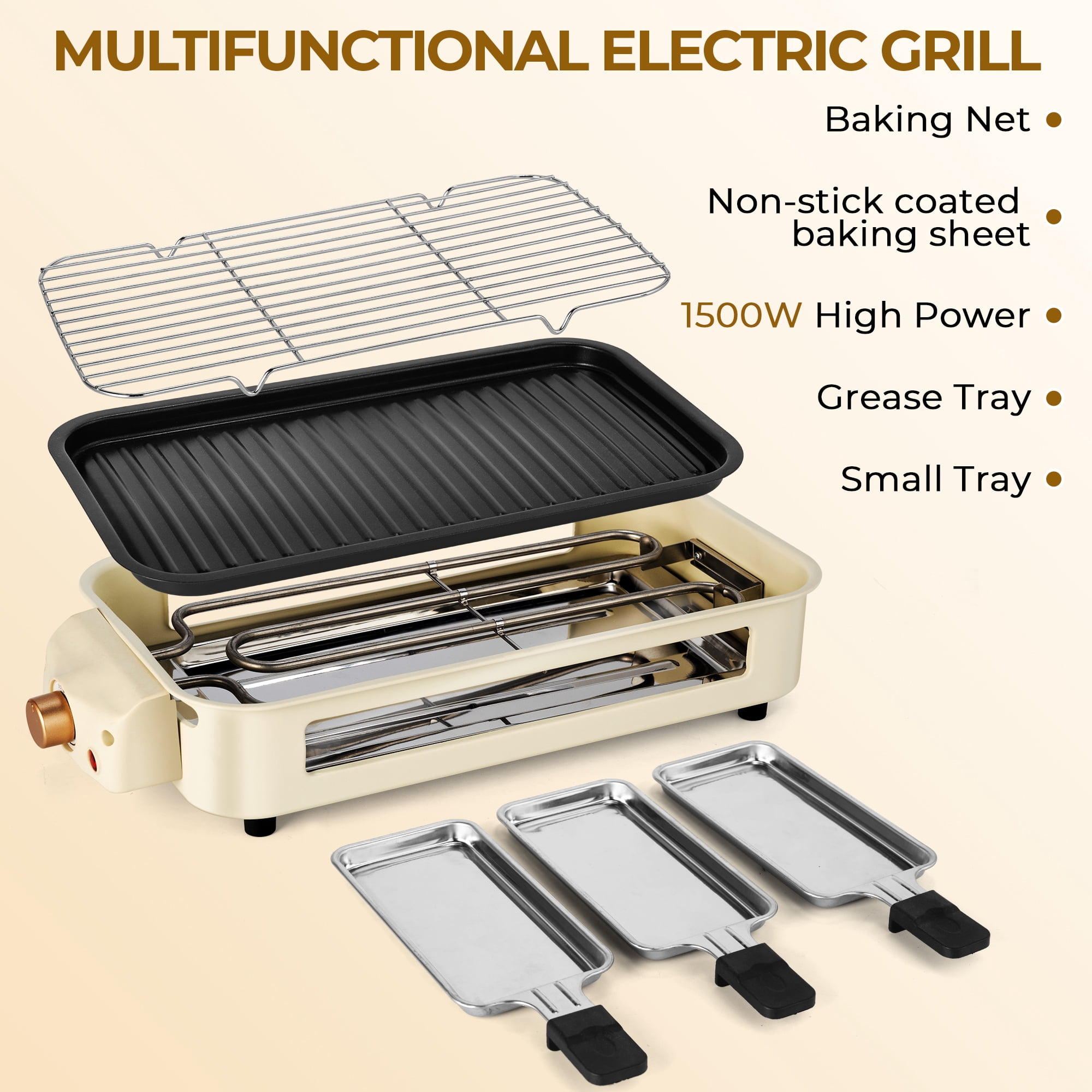 SUSLAS Electric Indoor Grill & Griddle, 1500W Smokeless Design with 3 Removable Nonstick Plates, Dishwasher Safe, Adjustable Temperature Control for Indoor Cooking(beige)
