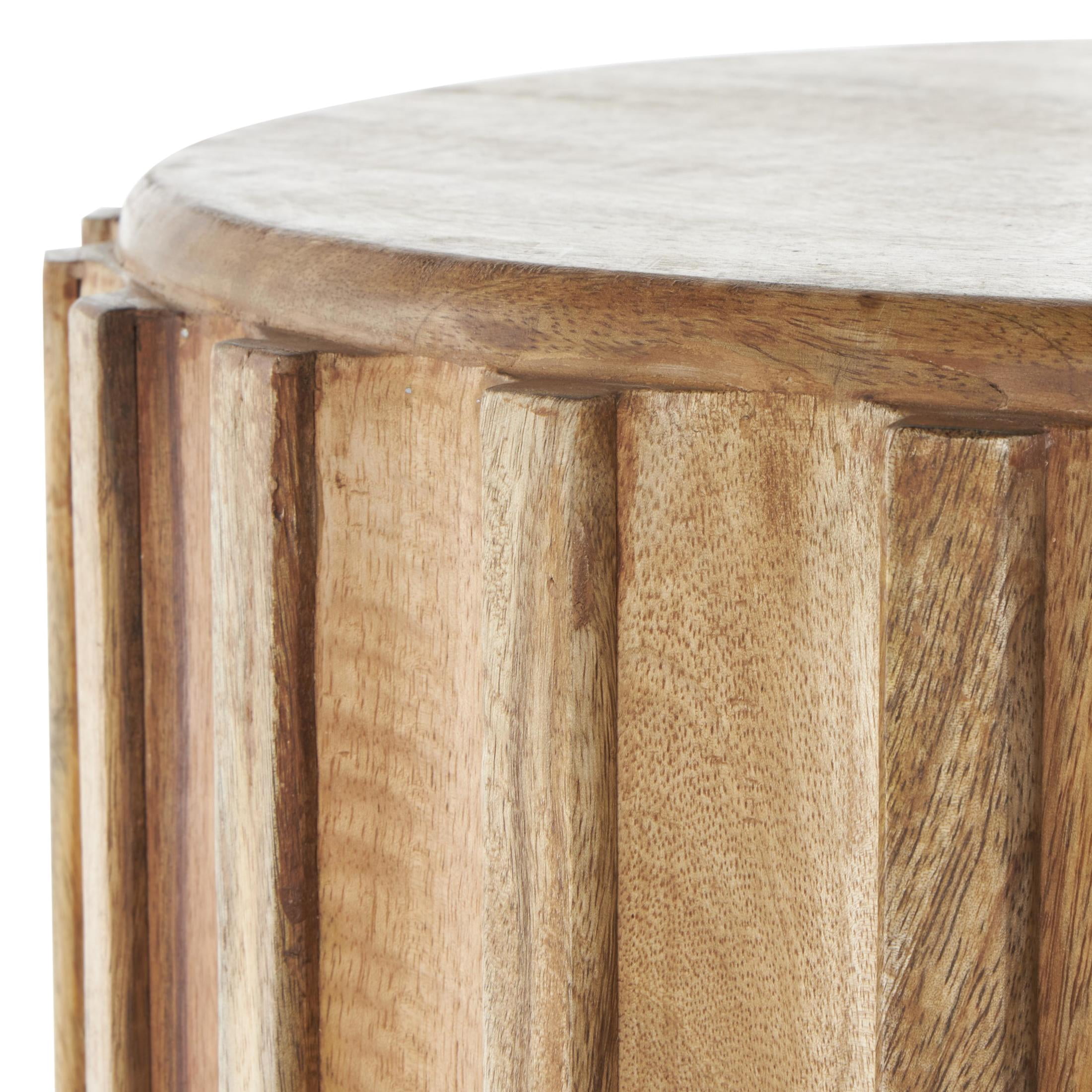 DecMode 19" x 18" Brown Mango Wood Handmade Concaved Curve Drum Accent Table with Ridges, 1-Piece