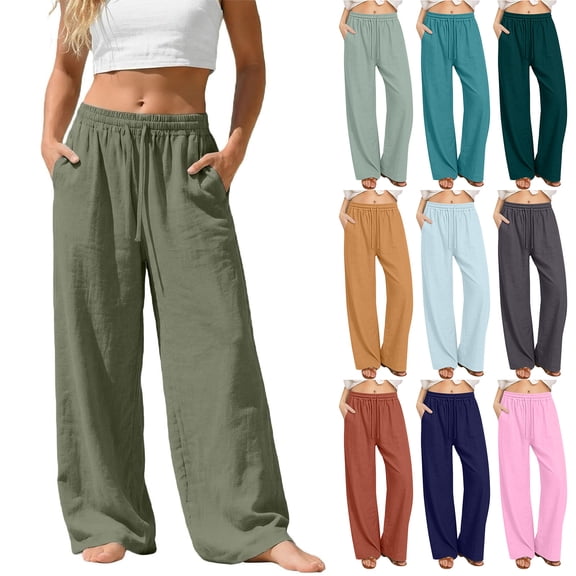 Bloomae Wide Leg Linen Pants for Women Lightweight Summer Drawstring Elastic Waist Flowy Lounge Pant Loose Fit Dressy Baggy Trousers with Pockets Orange L