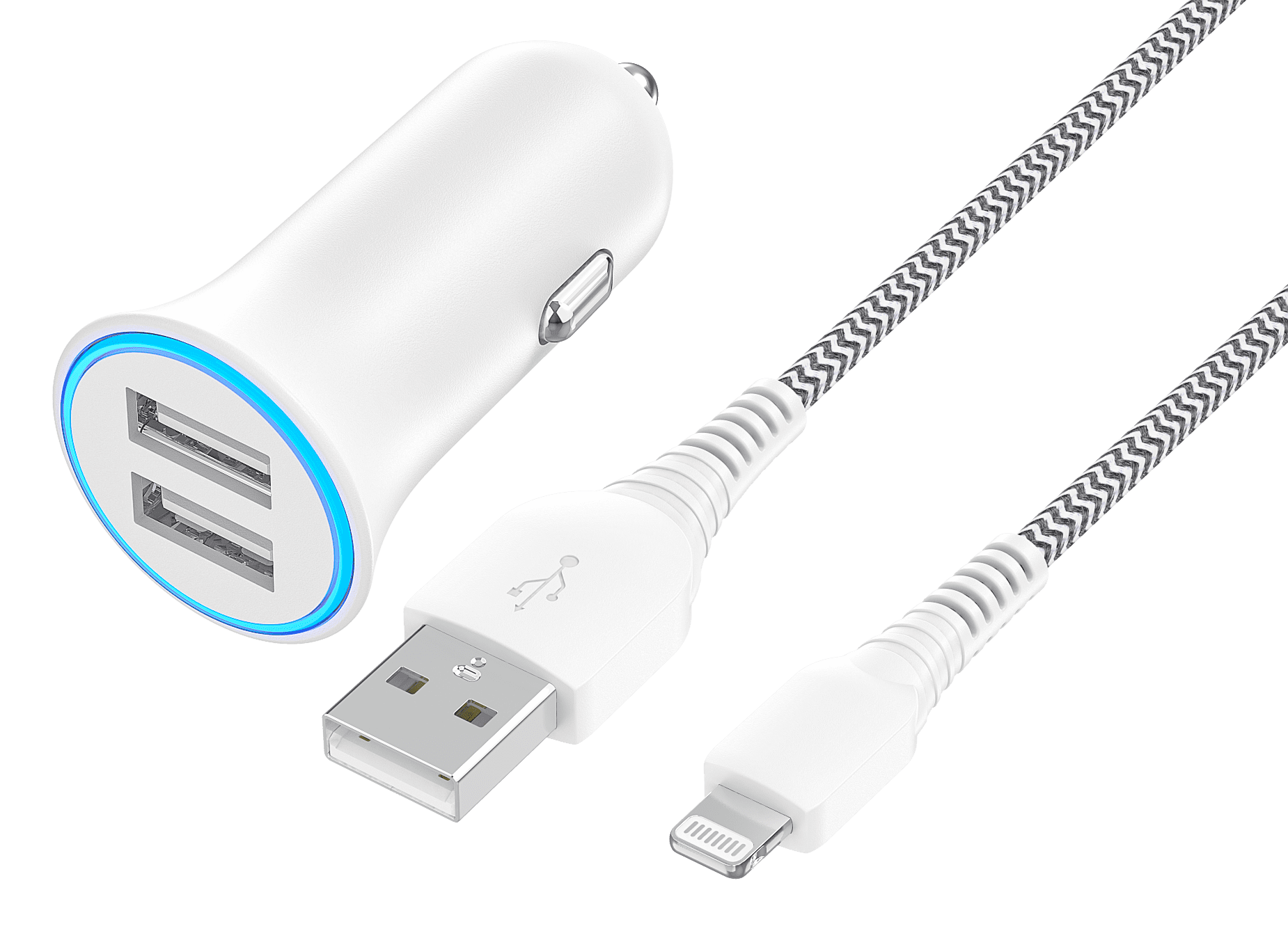 (5 pack) onn. 24W Dual USB-A Car Charger with 3 ft Braided Lightning to USB Cable, MFi Certified, White, for iPhone and iPad