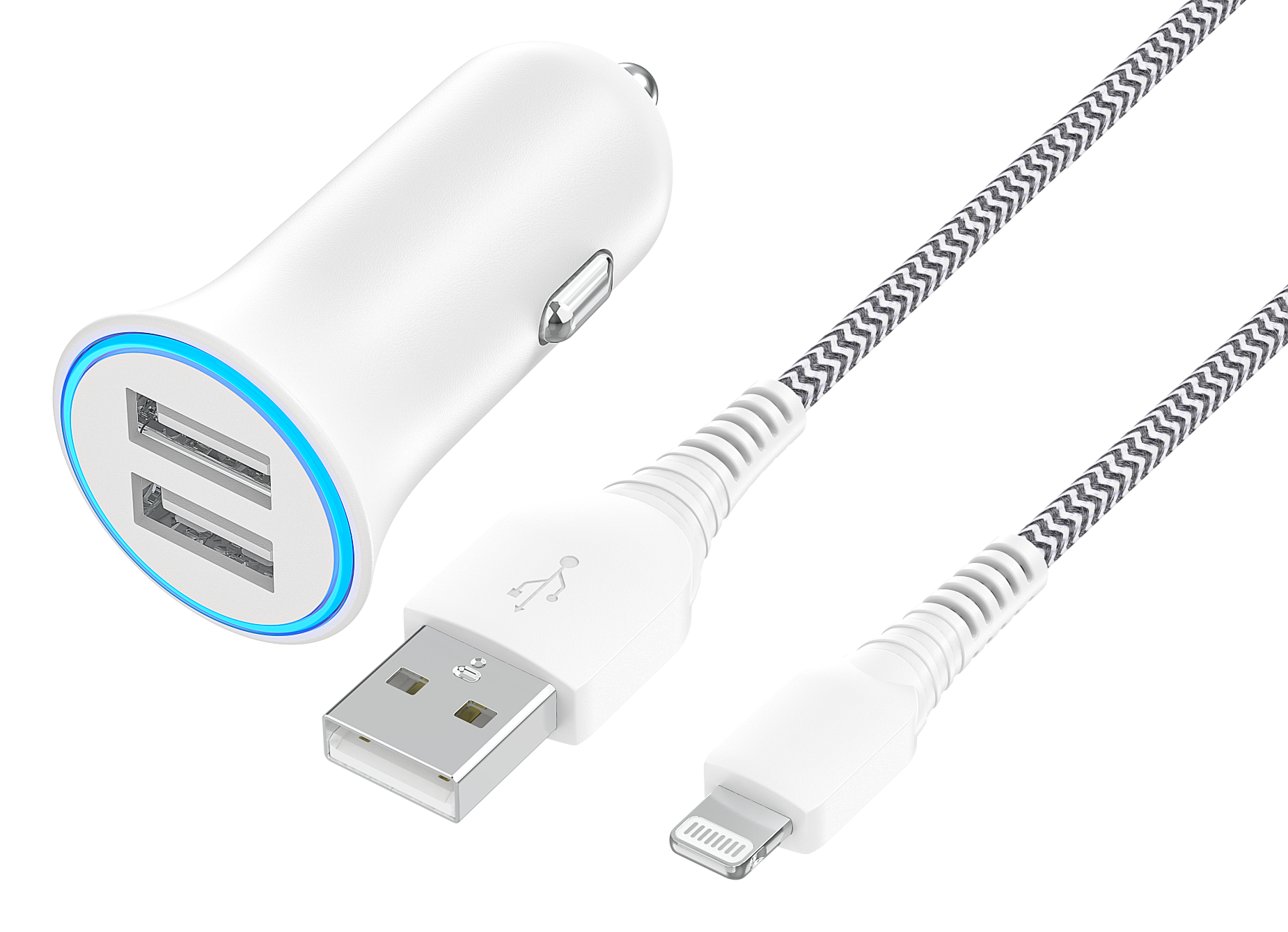 Onn 24W Dual USB-A Car Charger with Lightning Cable, White photo 1