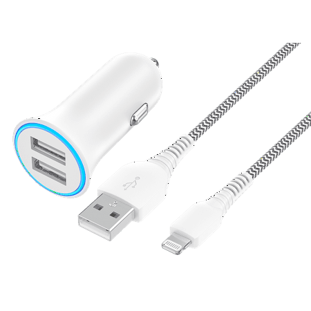 onn 24W Dual USB-A Port Car Charger with 3ft Braided Lightning to USB Cable, MFI Certified, White, Compatible with iPhone, iPad, Airpods and More