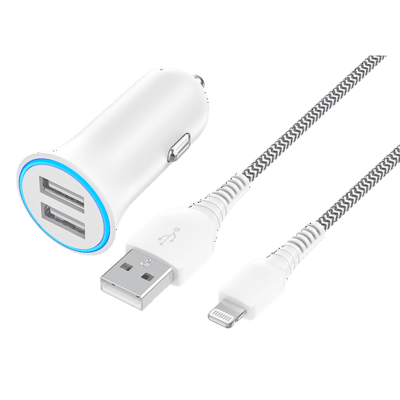 onn 24W Dual USB-A Port Car Charger With 3ft Braided Lighting to USB Cable, MFI Cerftified, White - Compatible with iPhone 14/13/12/11/X/XR/XS/8/7/6/5, iPad, Airpods and more
