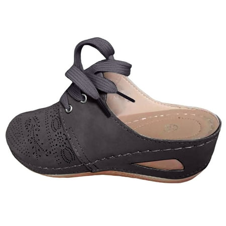 OJSFQUFP Womens Comfort Sandals Casual Closed Toe Half Slippers for Women Lace Up Wedge Heels European Large Size Hollow Slippers Shoes for Elderly Women Grey 42