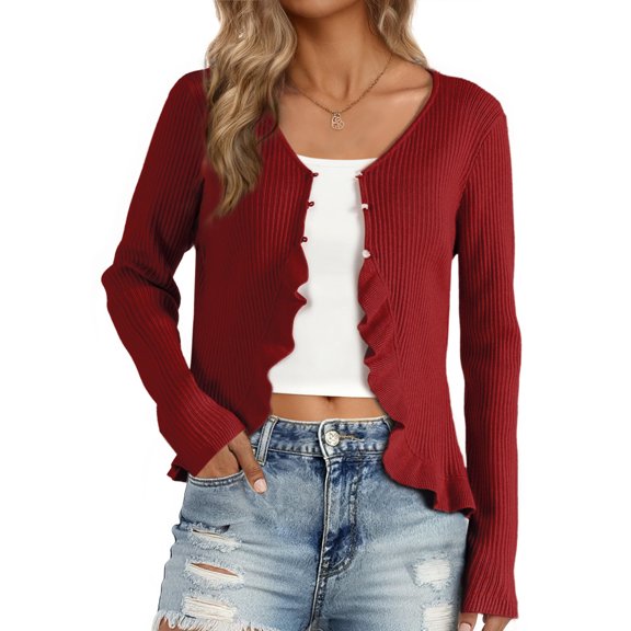 DARING DIVA Women's Ruffle Cardigan V Neck Long Sleeve Open Front Knit Bolero Shrugs S Dark Red
