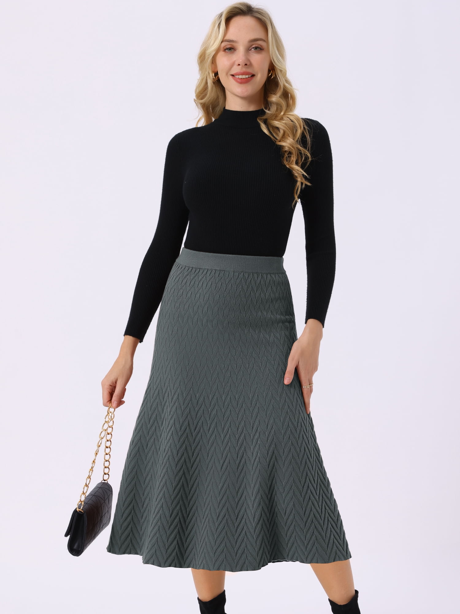 DARING DIVA Women's A-Line Skirts Stretchy Sweater Midi Skirt M Dark Gray