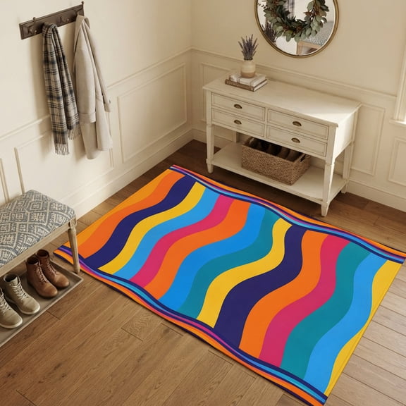 Area Rugs 3'x5', Modern Abstract Carpet Runner Indoor Outdoor Rugs Home Decor Aesthetic, Bohemia Wave Stripes Fluid Simple Colorful Non Slip Mats Washable Accent Rug for Living Room Bedroom